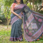 Masslice Cotton with hand block & embroidery saree  (Code : 486)