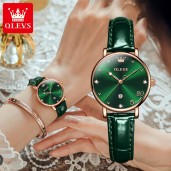 Olevs Luxury Green Leather Quartz Watches For Women Ultra-thin Waterproof