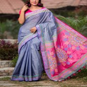 Toshor silk with screen print & hand paint saree  (Code : 487)
